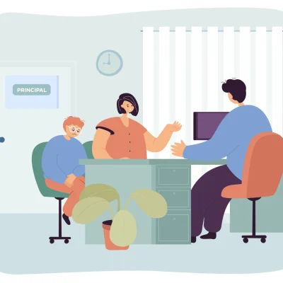 Cartoon mom and son at principal office